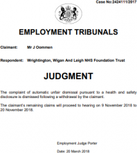 Mr J Oommen v Wrightington, Wigan And Leigh NHS Foundation Trust: 2424111/2017